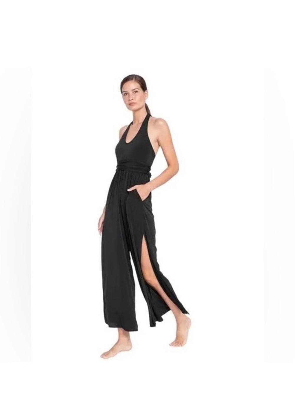 Robin Piccone Black Halter Wide-Leg Jumpsuit with High Side Slits 0048